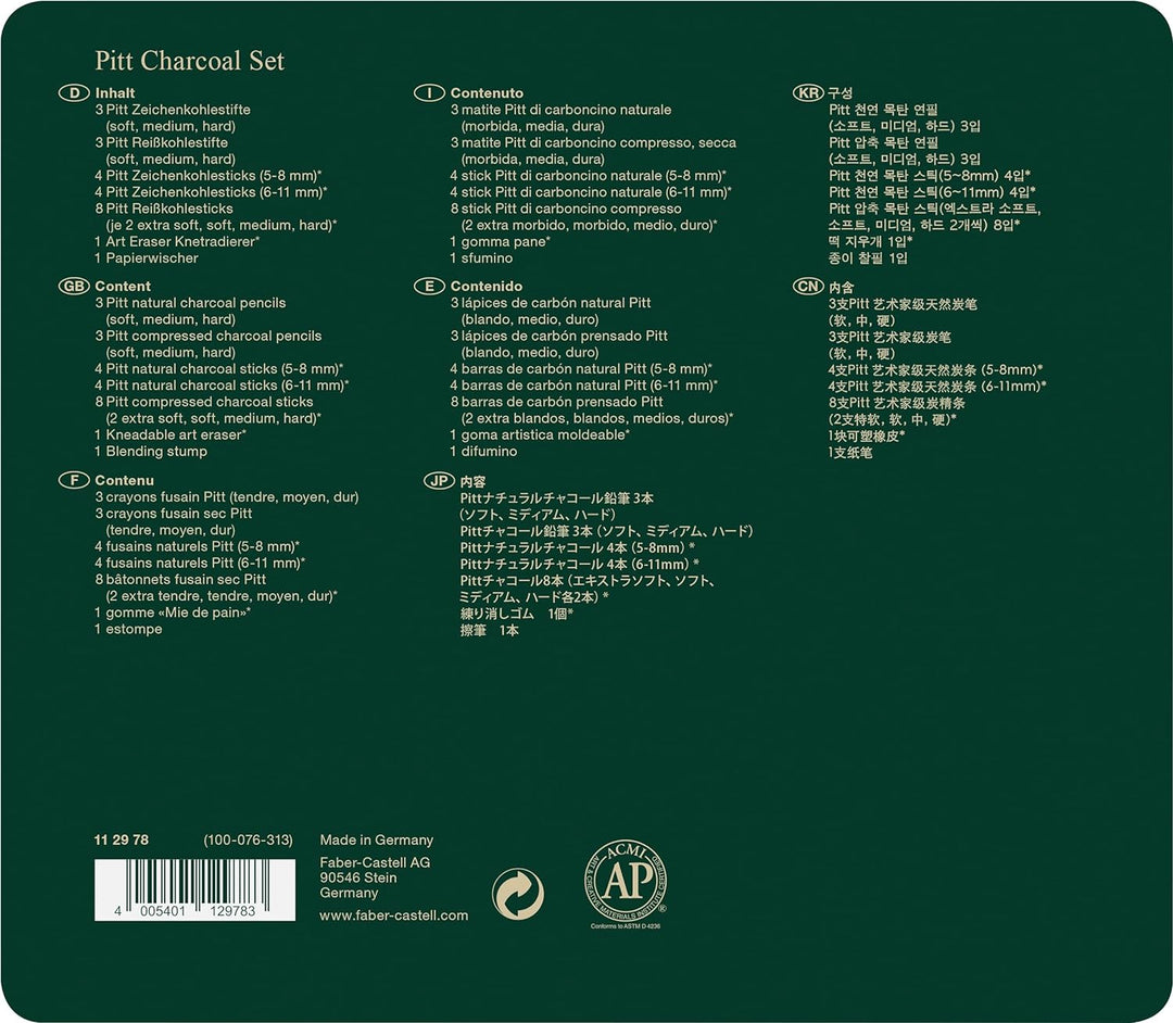 Faber-Castell 112978 - Pitt Kohle Set im Metalletui, 24-teilig