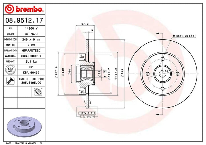 Brembo 08.9512.17 Hintere Bremsscheibe mit integriertem Lager und ABS