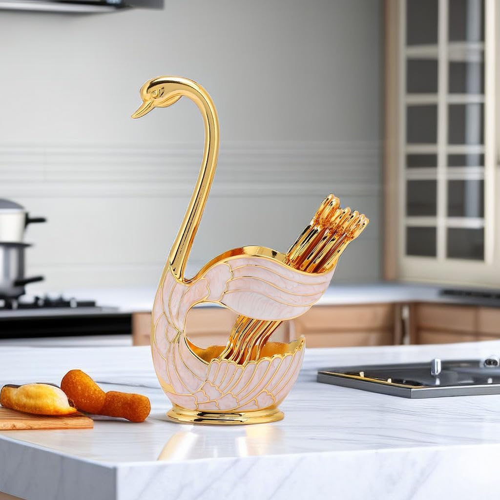 Teelöffel Gold, Kaffee Dessert Löffel Set, Schwan Basishalter Löffel Organizer mit 6 Stück Kaffee De