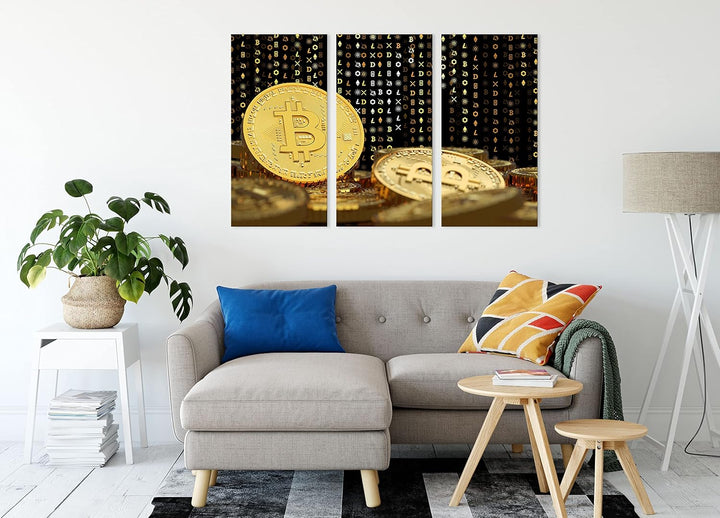 Bitcoin BTC Kryptowährung als Leinwandbild 3 teilig | Grösse: 120x80 cm | Wandbild | Kunstdruck | fe