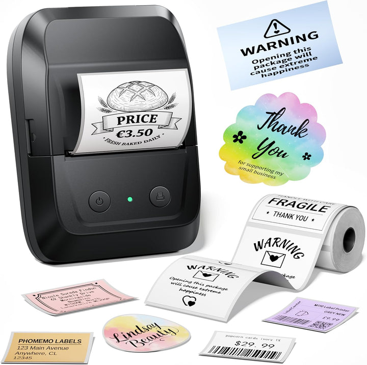 Memoking Etikettendrucker Selbstklebend, Bluetooth Label Printer mit 2000 Symbolen und 300 Vorlagen,