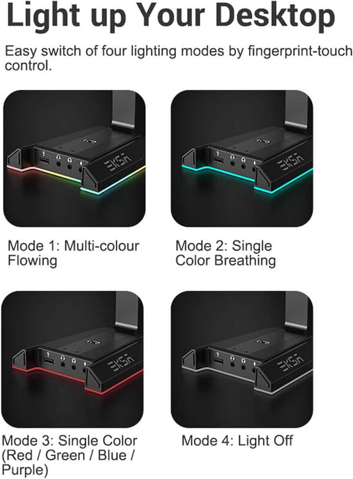 EKSA W1 Gaming Headset Ständer, Aluminium RGB Kopfhörer Halterung mit 7,1 Surround Sound, 2 USB Ansc