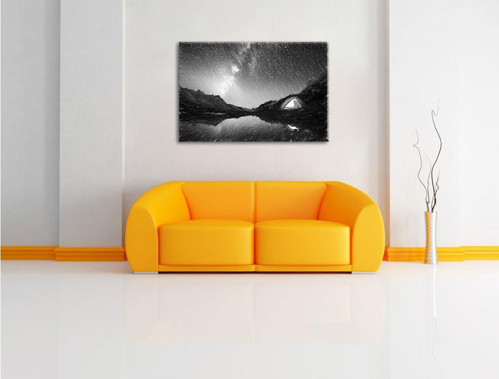 Pixxprint Zelten unter tausenden Sternen / 100x70cm Leinwandbild bespannt auf Holzrahmen/Wandbild Ku