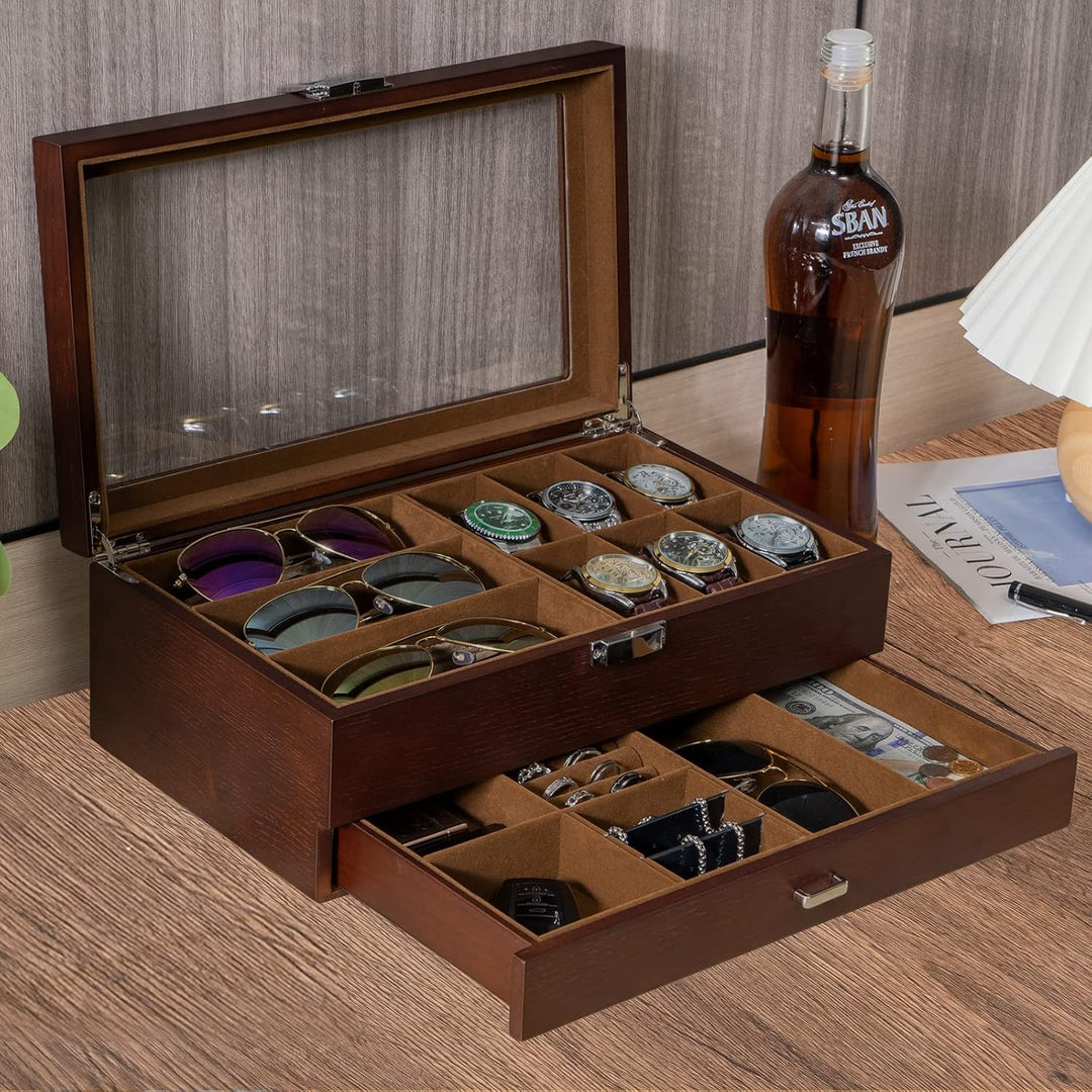 ProCase Uhrenbox Brillenbox aus Holz in Klavierlack hochglänzend, 2 Ebenen, Brillen Aufbewahrungsbox