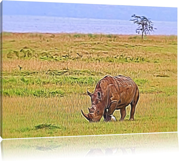 grosses Nashorn beim Fressen Spezial Format: 100x70 cm auf Leinwand, XXL riesige Bilder fertig gerah