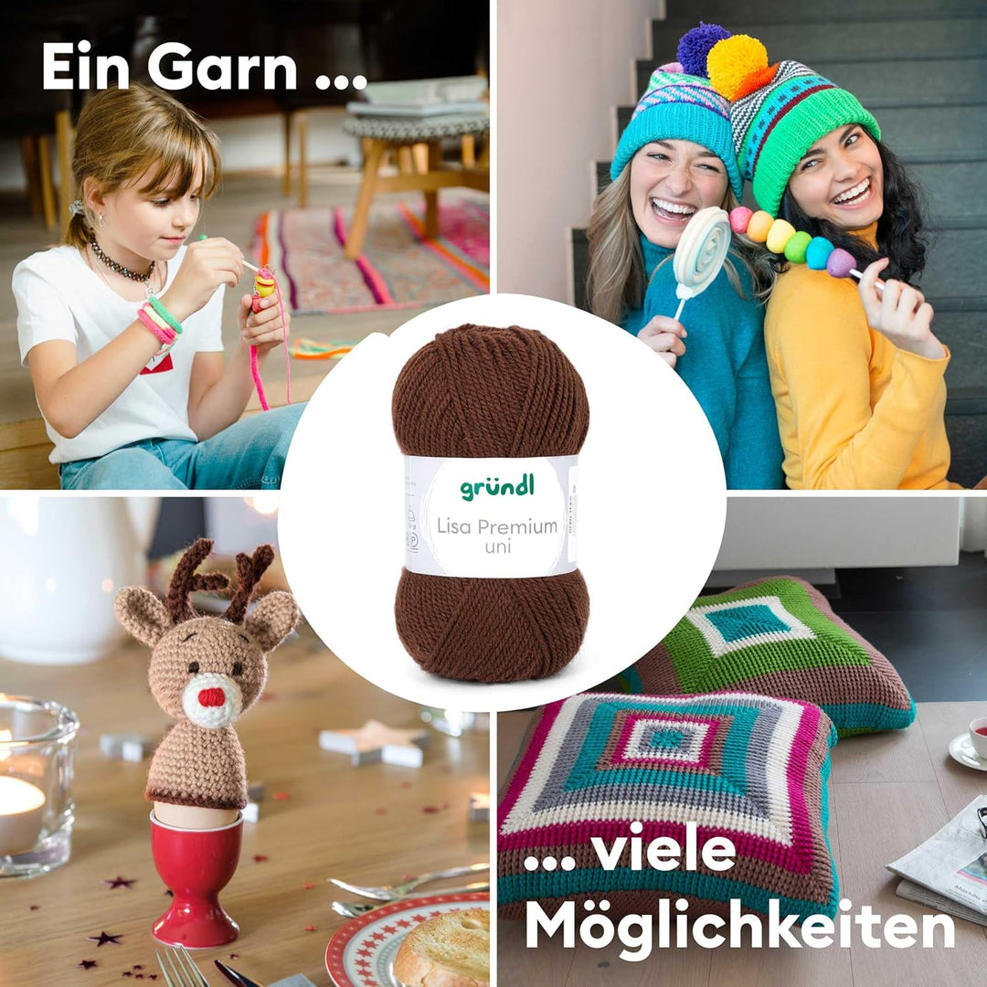 Gründl Wolle Lisa Premium Uni Strickgarn aus 100 % Polyacryl, Garn zum Häkeln/ Stricken 50 g / 133 m