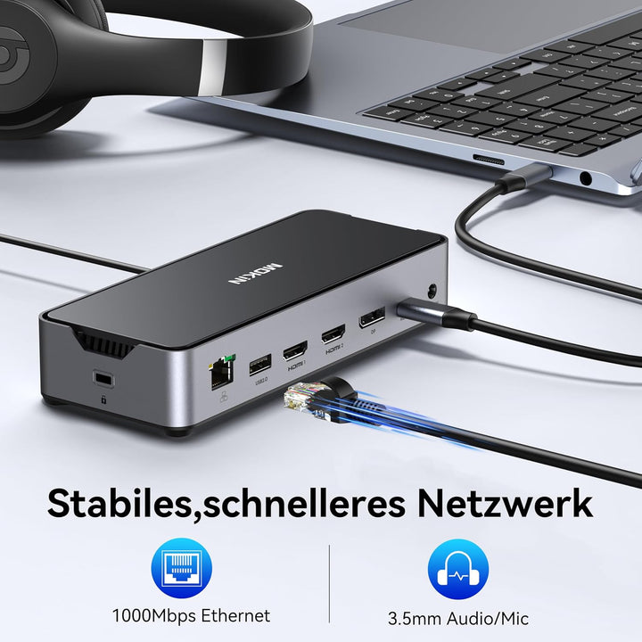 USB C Docking Station 3 Monitors, Triple Display Dock mit 2 HDMI DP 4K@144Hz, 15 in 1 Laptop Docking