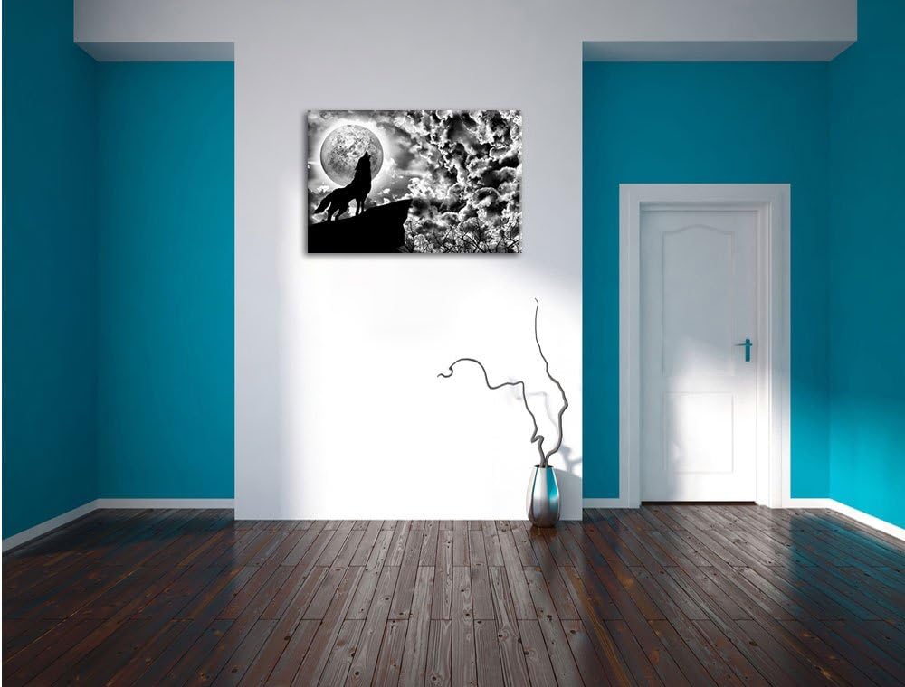 Pixxprint Wolf heult den Mond an als Leinwandbild/Grösse: 100x70 cm/Wandbild/Kunstdruck/fertig bespa