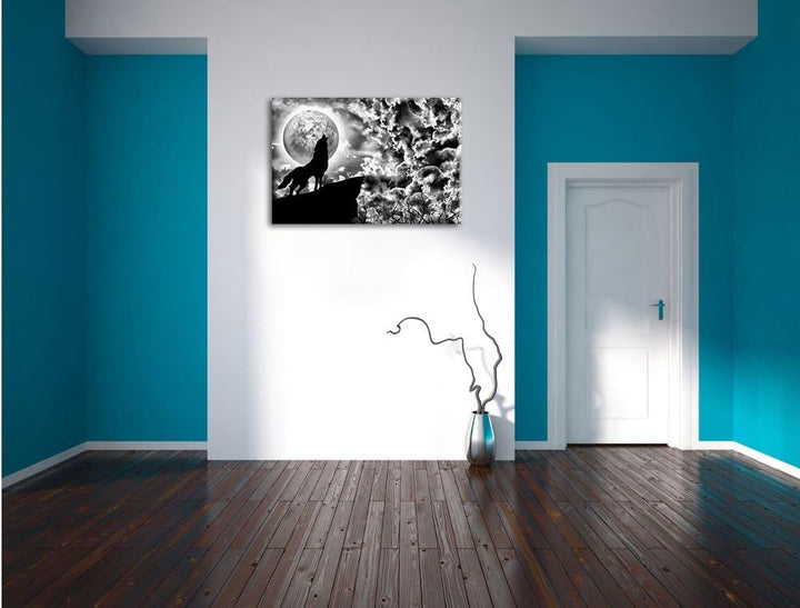 Pixxprint Wolf heult den Mond an als Leinwandbild/Grösse: 100x70 cm/Wandbild/Kunstdruck/fertig bespa