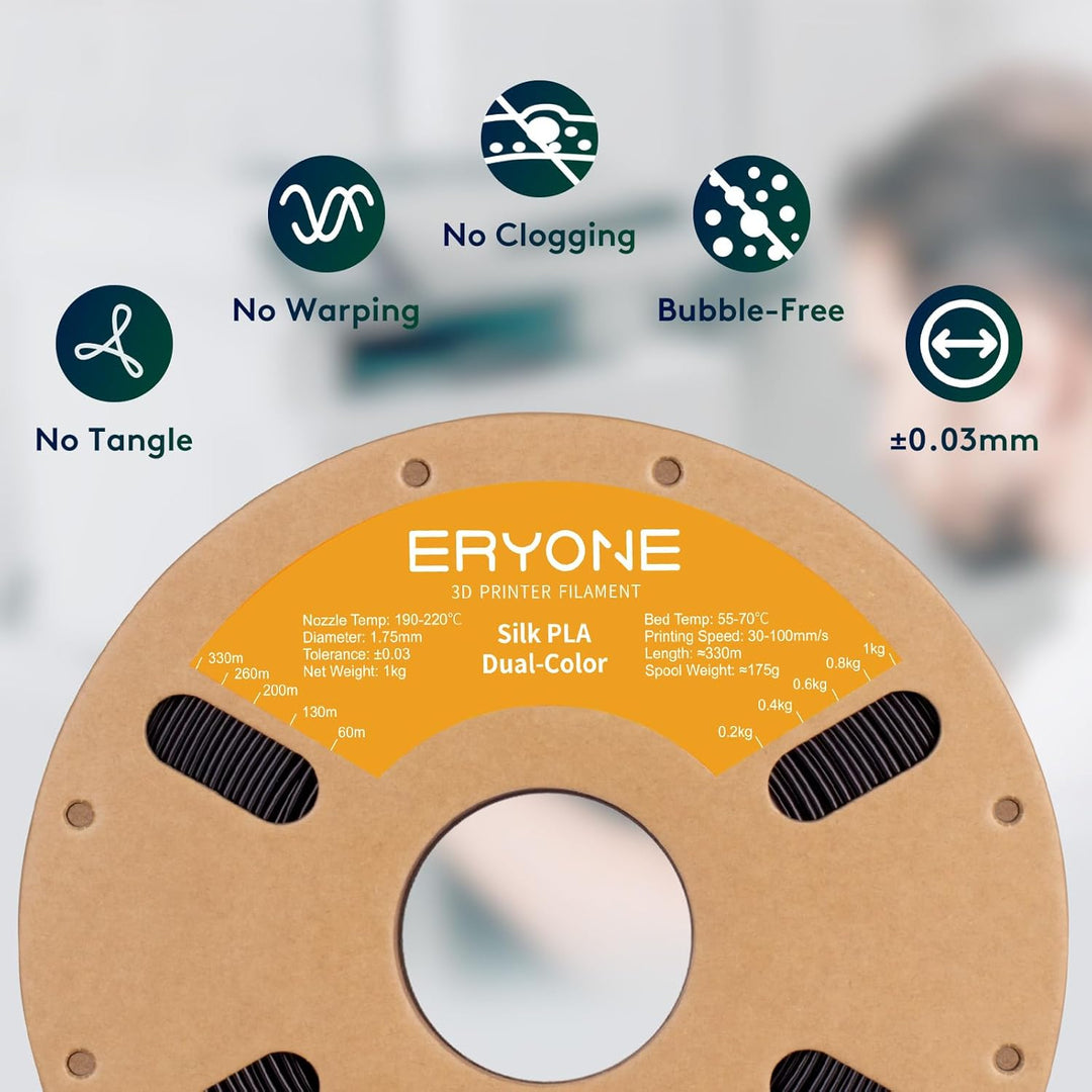 ERYONE Dual Zweifarbig PLA Filament 1.75mm, 3D Drucker Filament 1kg Spule +/- 0,02 mm, Seide Schwarz