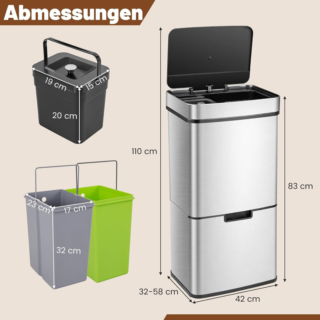 COSTWAY 72L Mülleimer 4 Fächer, elektrischer Abfalleimer mit Sensor, Mülltrennsystem 2 x 11L + 3,5L