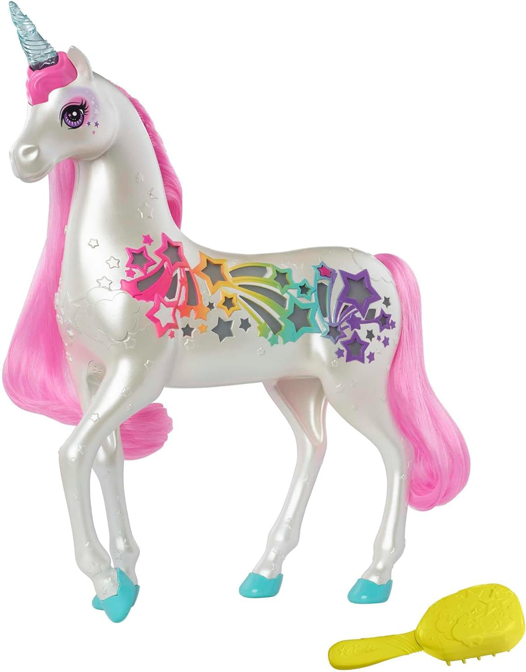 Barbie Einhorn, Dreamtopia Brush 'N Sparkle Unicorn, Barbie Zubehör mit magischer Bürste für 4 Licht