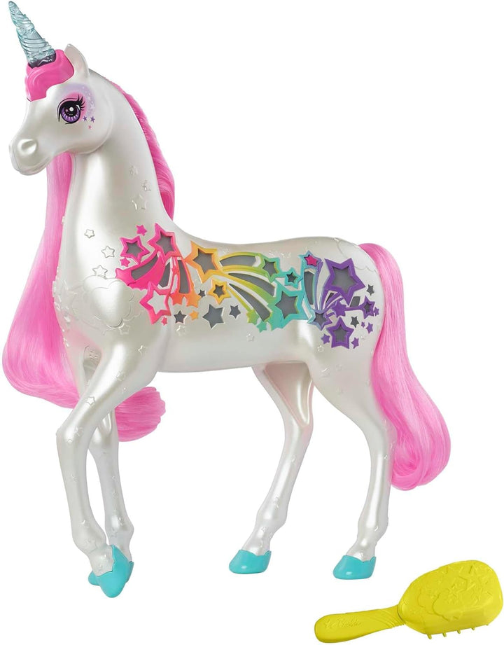 Barbie Einhorn, Dreamtopia Brush 'N Sparkle Unicorn, Barbie Zubehör mit magischer Bürste für 4 Licht