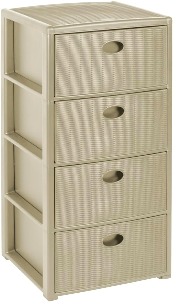 Rollbarer Schubladenschrank aus Kunststoff in Rattan-Optik mit 4 Schubladen. Masse: 40x40x81 cm (Kas