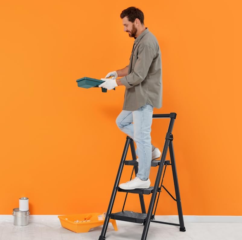 KINGRACK Trittleiter 3 Stufen klappbar mit Traglast von 400 KG, mit Nicht-entschlüpfbarem, Leichter