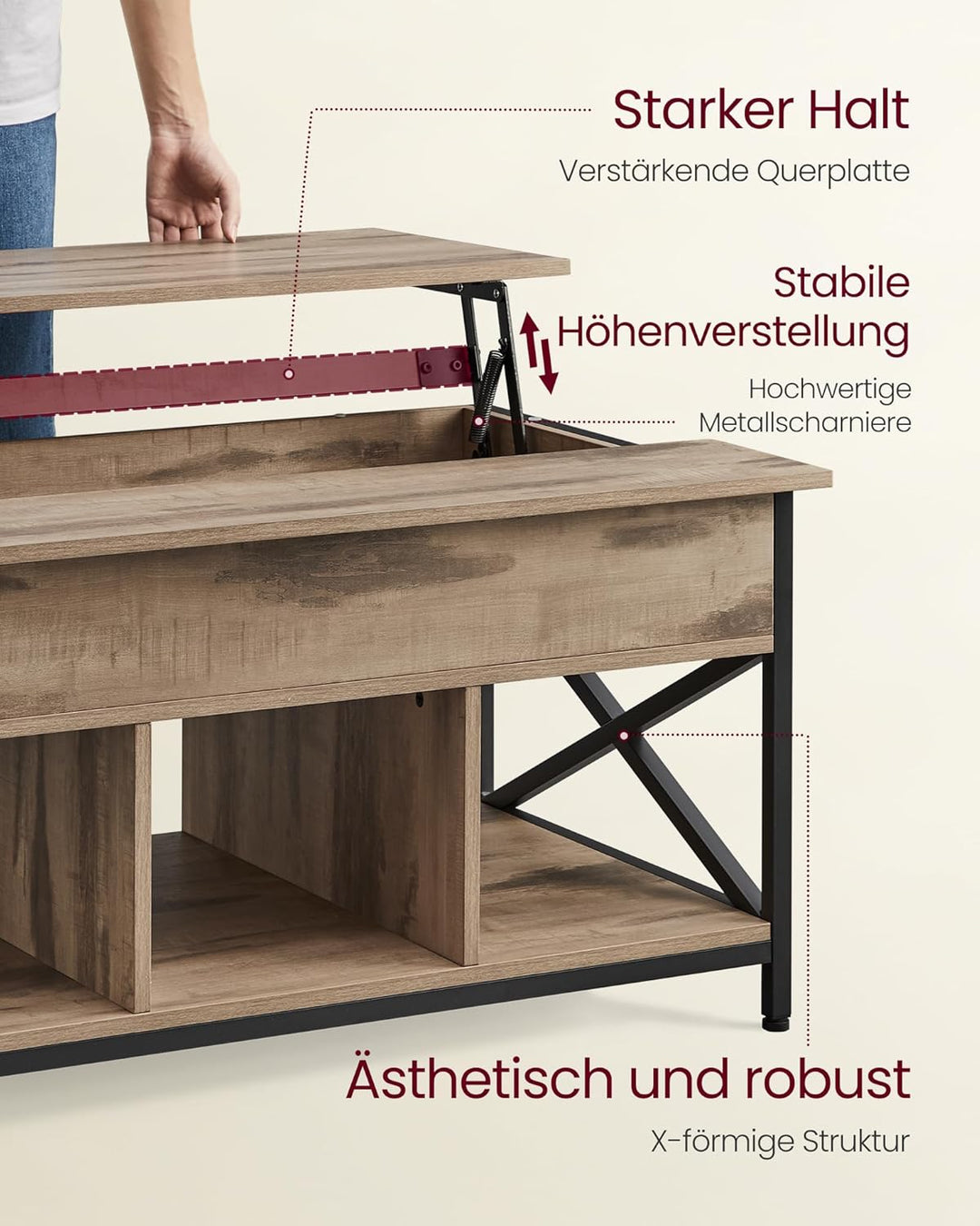 VASAGLE Couchtisch, höhenverstellbarer Wohnzimmertisch, Kaffeetisch, offener und versteckter Staurau