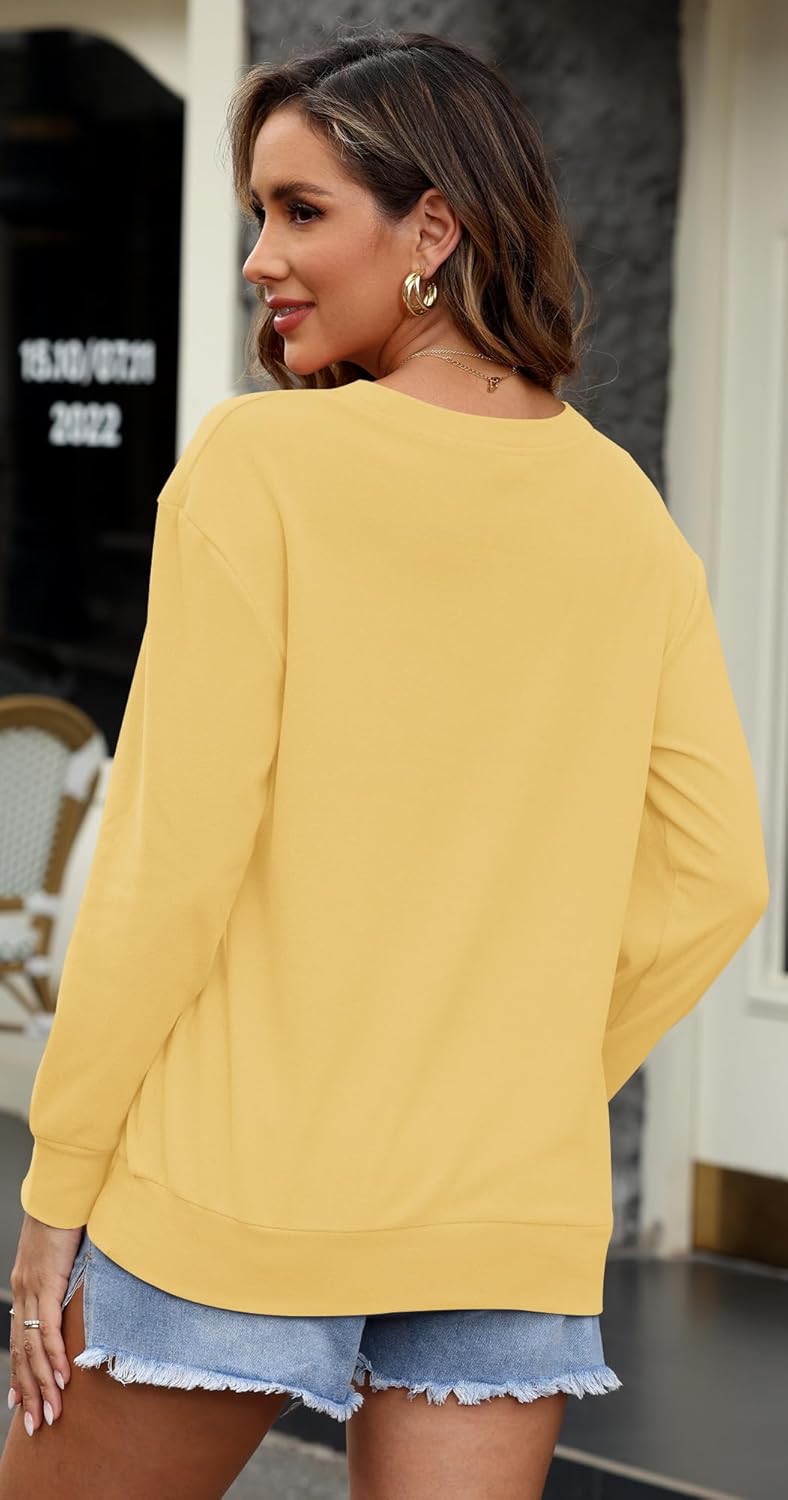 WNEEDU Damen Langarmshirts Lässige Sweatshirts mit Taschen Gelb S, Gelb S