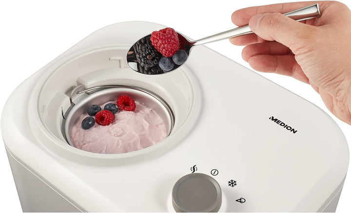 MEDION Eismaschine mit Kompressor (Eiscremebereiter, 1 Liter, 100 Watt, Aluminium Behälter, Zubereit