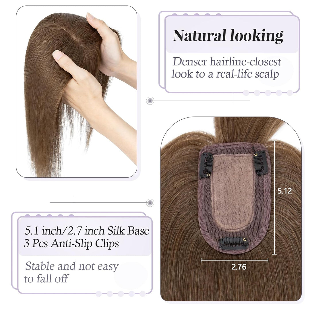 TESS Hair Topper Echthaar Braun, 7x13cm Basis Toupet Damen #4 Braun mit Pony Haartopper Echthaar 53g