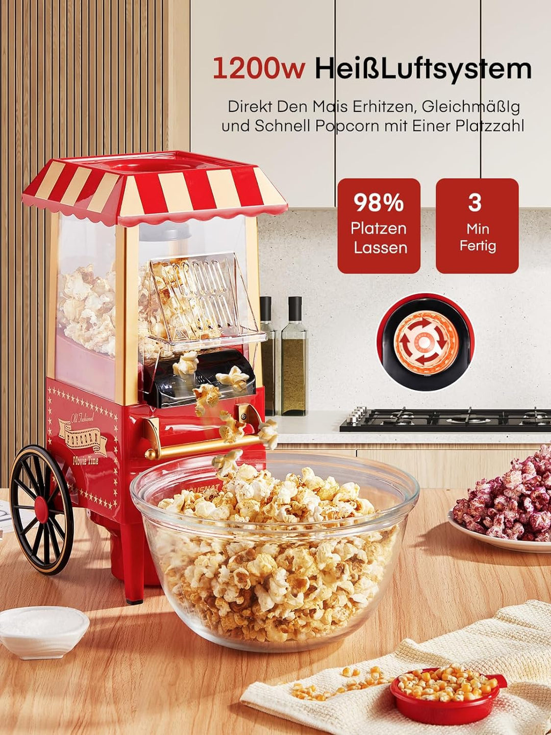 Popcornmaschine Heissluft - HOUSNAT Retro Popcorn Maker -Fettfreies Ölfreies & Gesunder Maïs Snack -