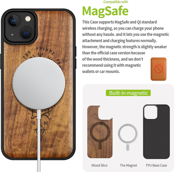 Carveit Holz Handyhülle für iPhone 15 Plus hülle, Kompatibel mit Magsafe Silikon Stossfeste Cover, M