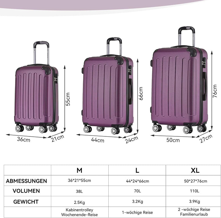 BEIBYE Hartschalen-Koffer Trolley Rollkoffer Reisekoffer Handgepäck 4 Rollen (M-L-XL-Set) (Violett,