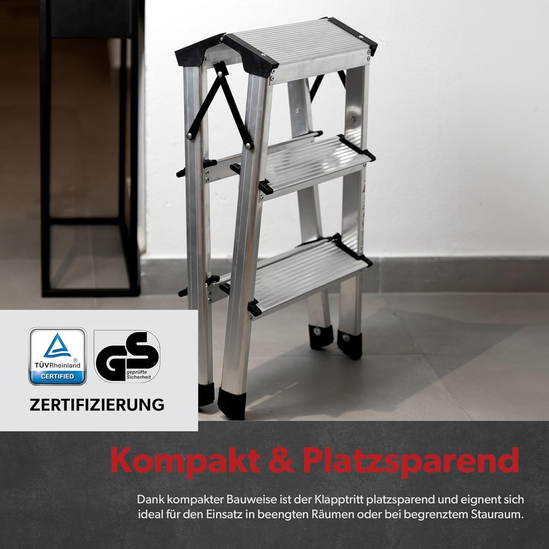 siwitec Trittleiter 2 x 3 Stufen, Alu Klapptritt, leichte Aluminium Leiter beidseitig begehbar, Haus