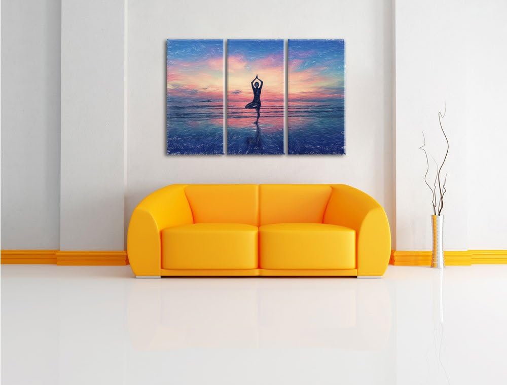 Pixxprint Yoga am Strand / 3-Teilig/Gesamtmass 120cm Leinwandbild bespannt auf Holzrahmen/Wandbild K
