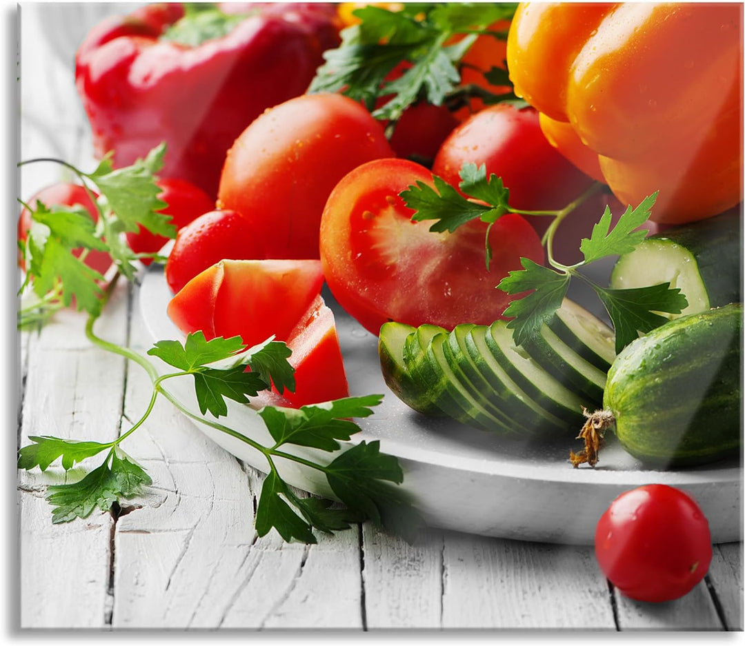 Gemüseteller Herdabdeckplatte & Spritzschutz aus Echtglas | Für Herd-Kochfelder | 60x52 cm