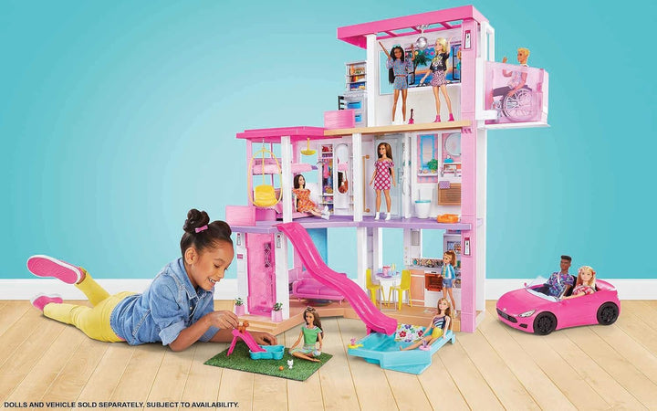 Barbie Dream House (114 cm), 3-stöckiges Puppenhaus mit Barbie-Pool, Rutsche, Barbie-Rollstuhllift,