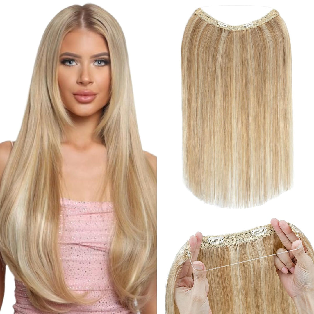 Silk-co Extensions Echthaar mit transparenter Schnur, Wire in Extensions Goldenbraun Highlights Blei