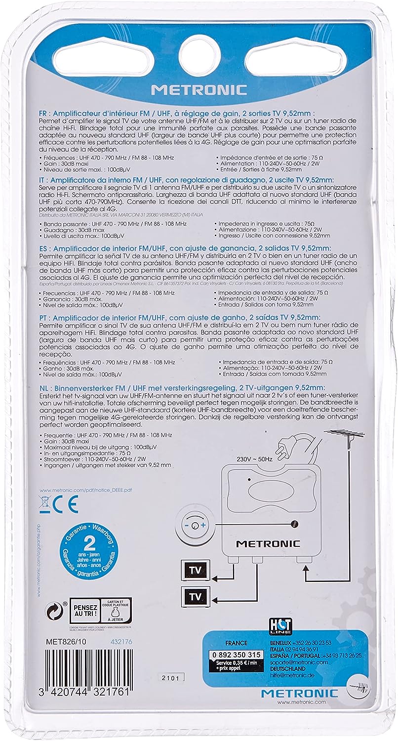 Metronic 432176 - Innenverstärker mit FM-UHF-Verstärkungsregulierung, einstellbarer Verstärkung bis