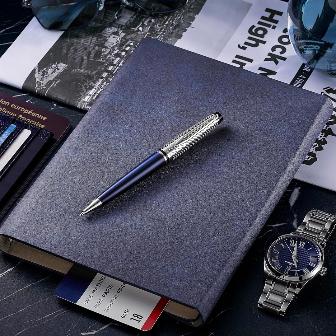 Waterman Expert Kugelschreiber | Metall und blaue Lackierung | ziselierte Kappe | blaue Tinte | Gesc