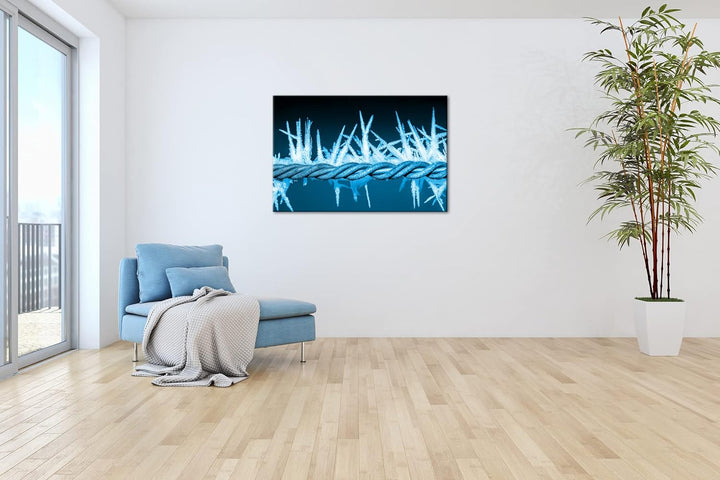 deyoli vereister Stacheldraht Format 80x60 Effekt: Monocrome Blau als Leinwandbild, Motiv fertig ger