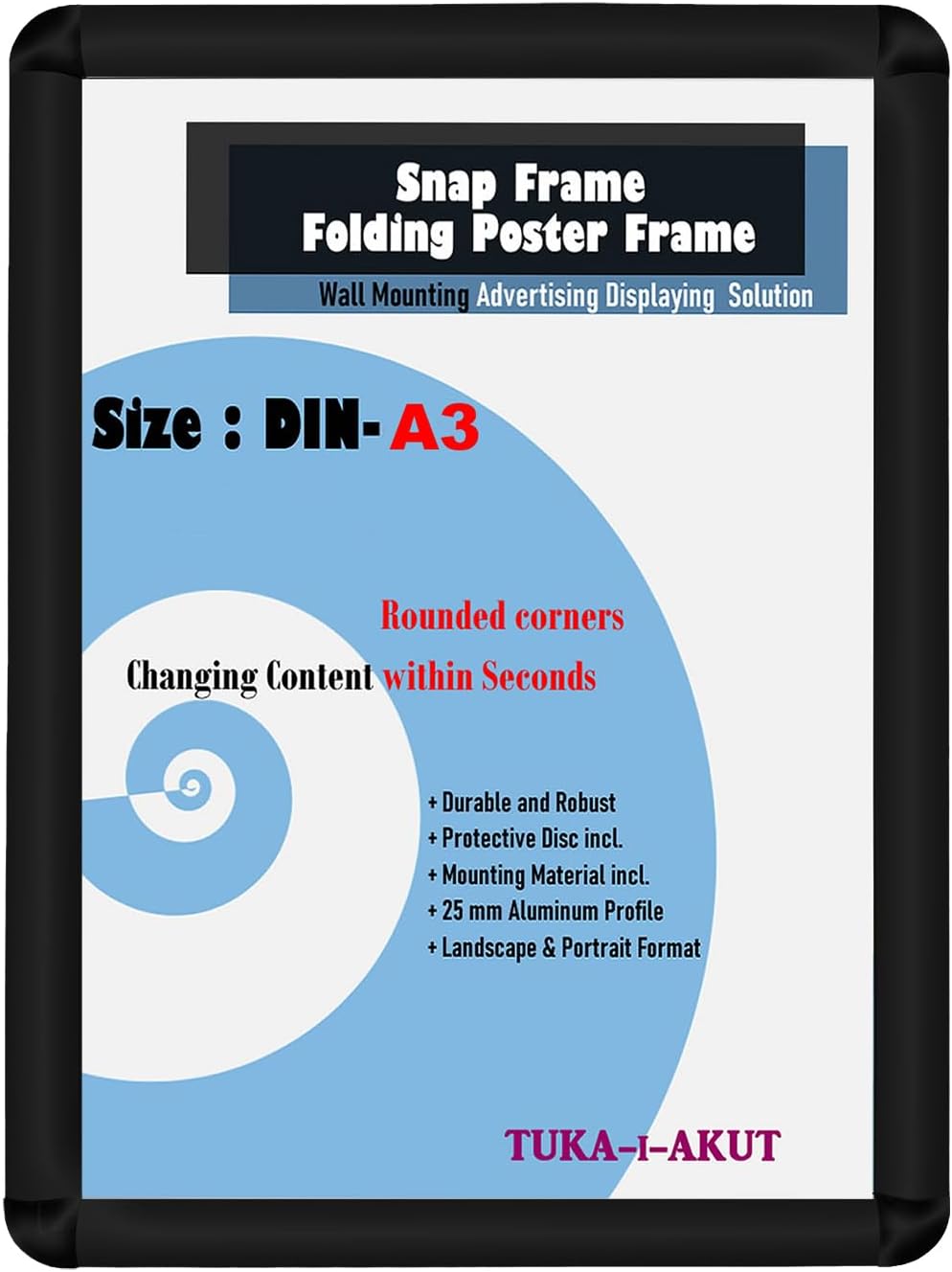 TUKA-i-AKUT Aluminium Klapprahmen DIN A3 | 25 mm Profil | Abgerundete Ecken | Schutzscheibe Befestig