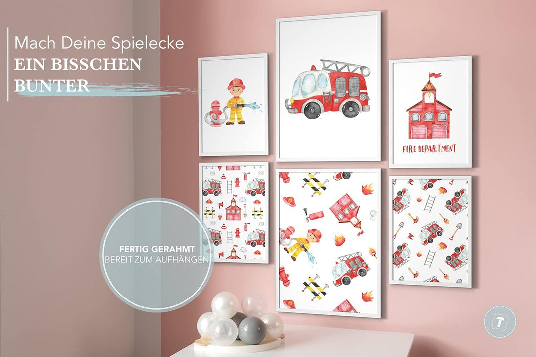 Papierschmiede® Bilder Kinderzimmer Kids Mood Poster Set Feuerwehr, Gerahmte Bilder fürs Kinderzimme