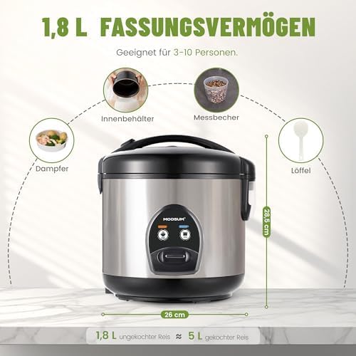 Reiskocher mit Keramikbeschichtung - 1,8L grosse Kapazität - Für 2-10 Personen - inkl. Dampfgarer -E