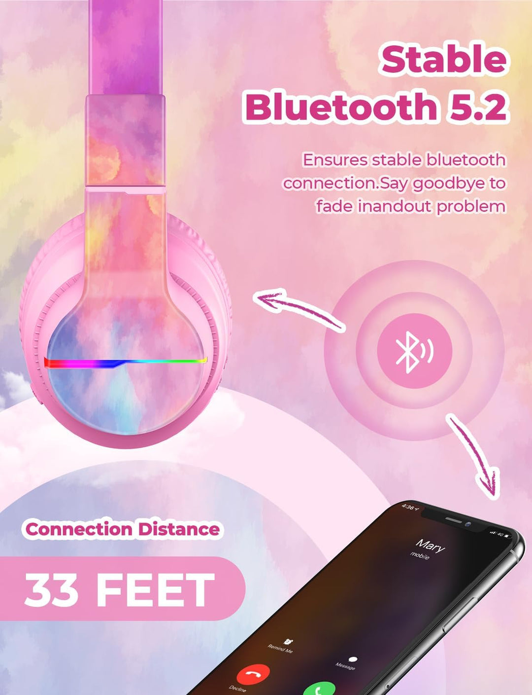 iClever Bluetooth Kinder Kopfhörer, Farbige LED-Leuchten, Kinderkopfhörer Over Ear mit 74/85dBA Laut