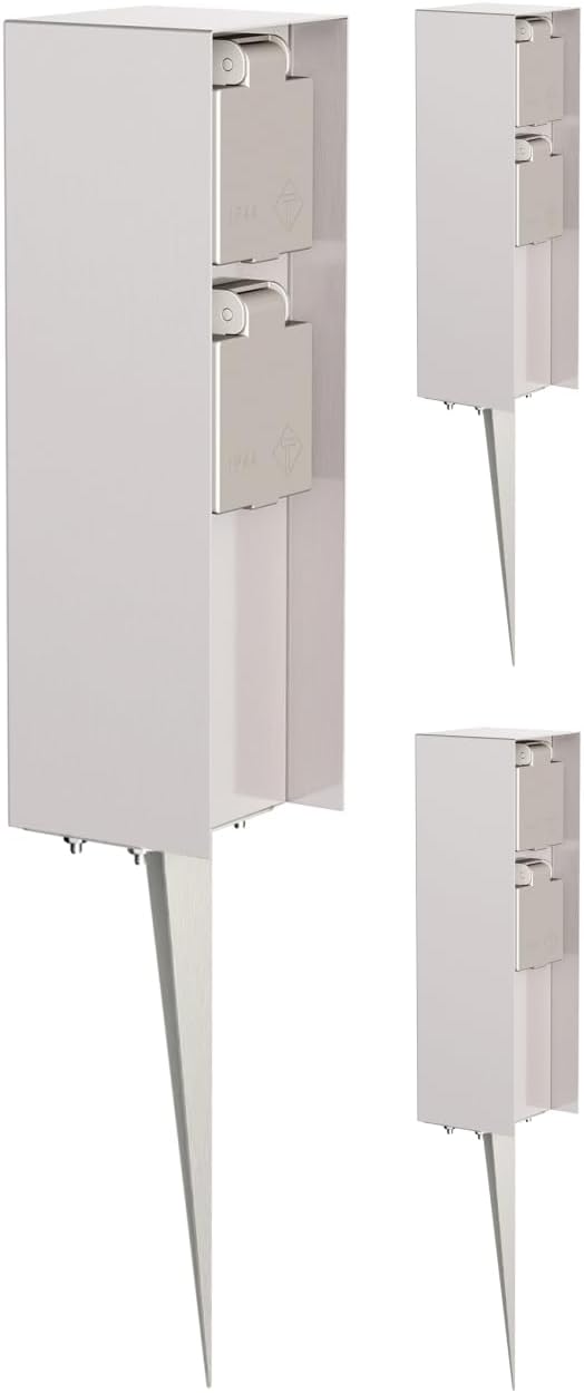 ledscom.de Aussensteckdose POMI mit Erdspiess, wetterfest, IP44, 2-fach, edelstahl, eckig, 23cm, 3 S