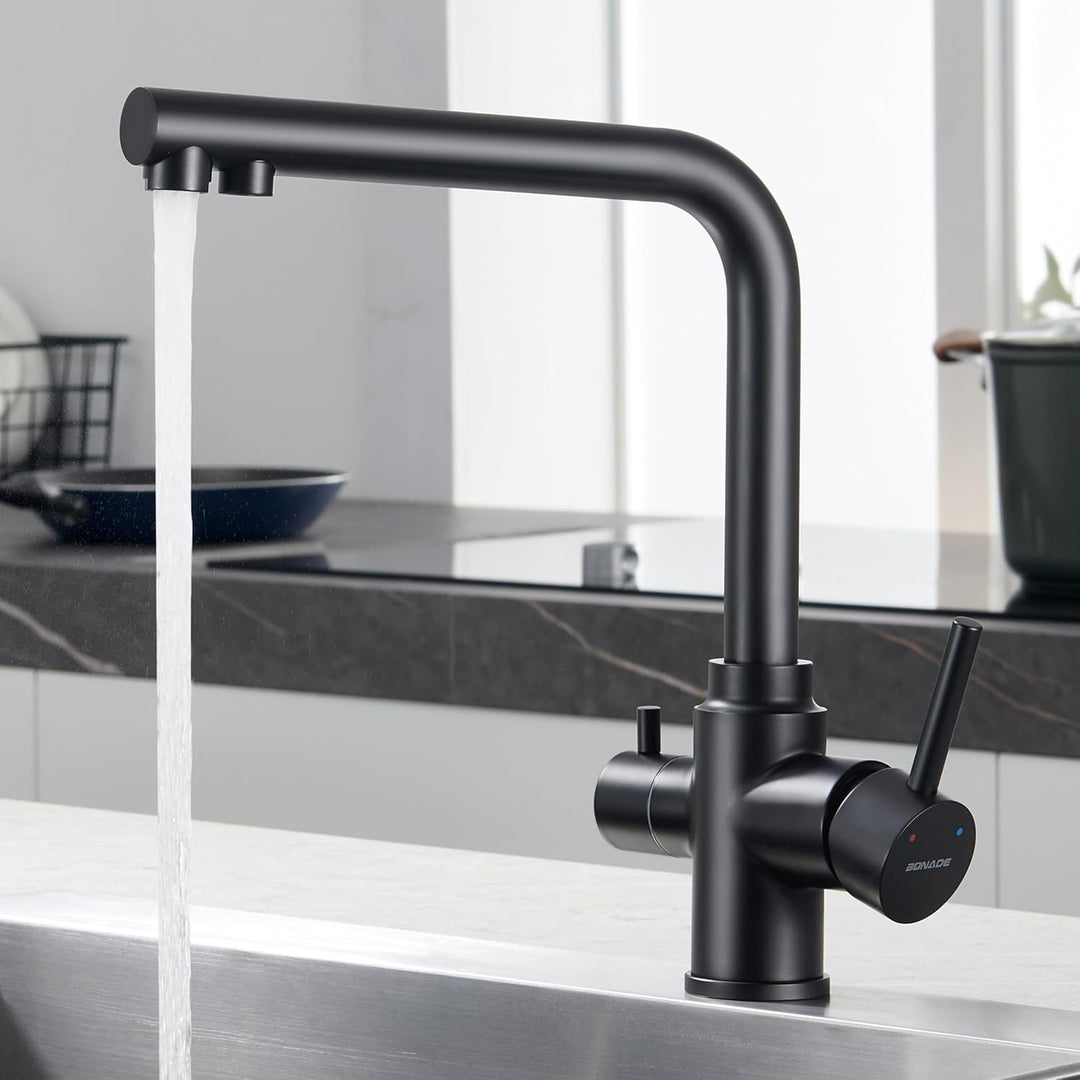 BONADE 3 Wege Wasserhahn Schwarz Matt, 360° Drehbar Küchenarmatur Trinkwasserhahn mit 2 Hebel, Misch