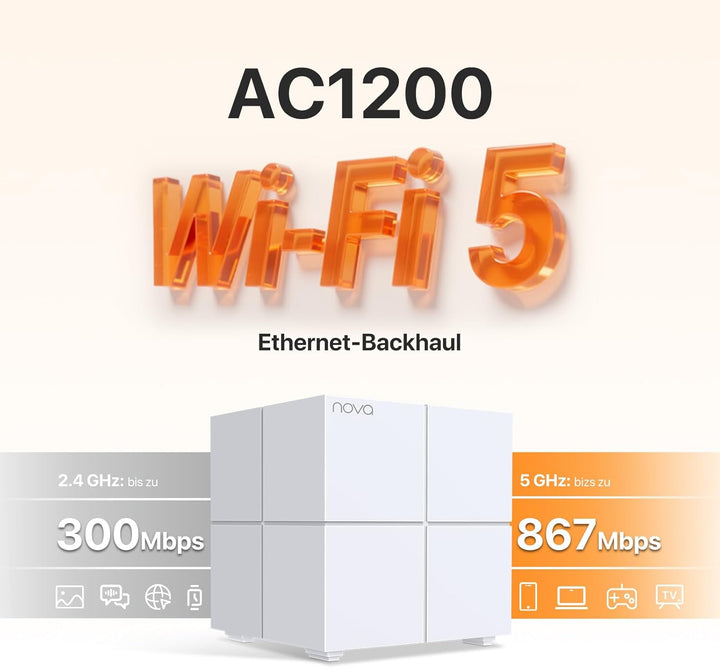 Tenda Nova MW6 Mesh WLAN System - AC1200 Dual Band - Reichweite bis zu 500m² & 90 Geräte - 6x Gigabi