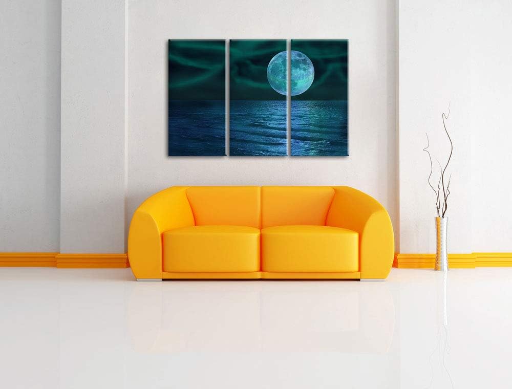ruhiges Meer mit Vollmond schwarz/weiss 3-Teiler Leinwandbild 120x80 Bild auf Leinwand, XXL riesige