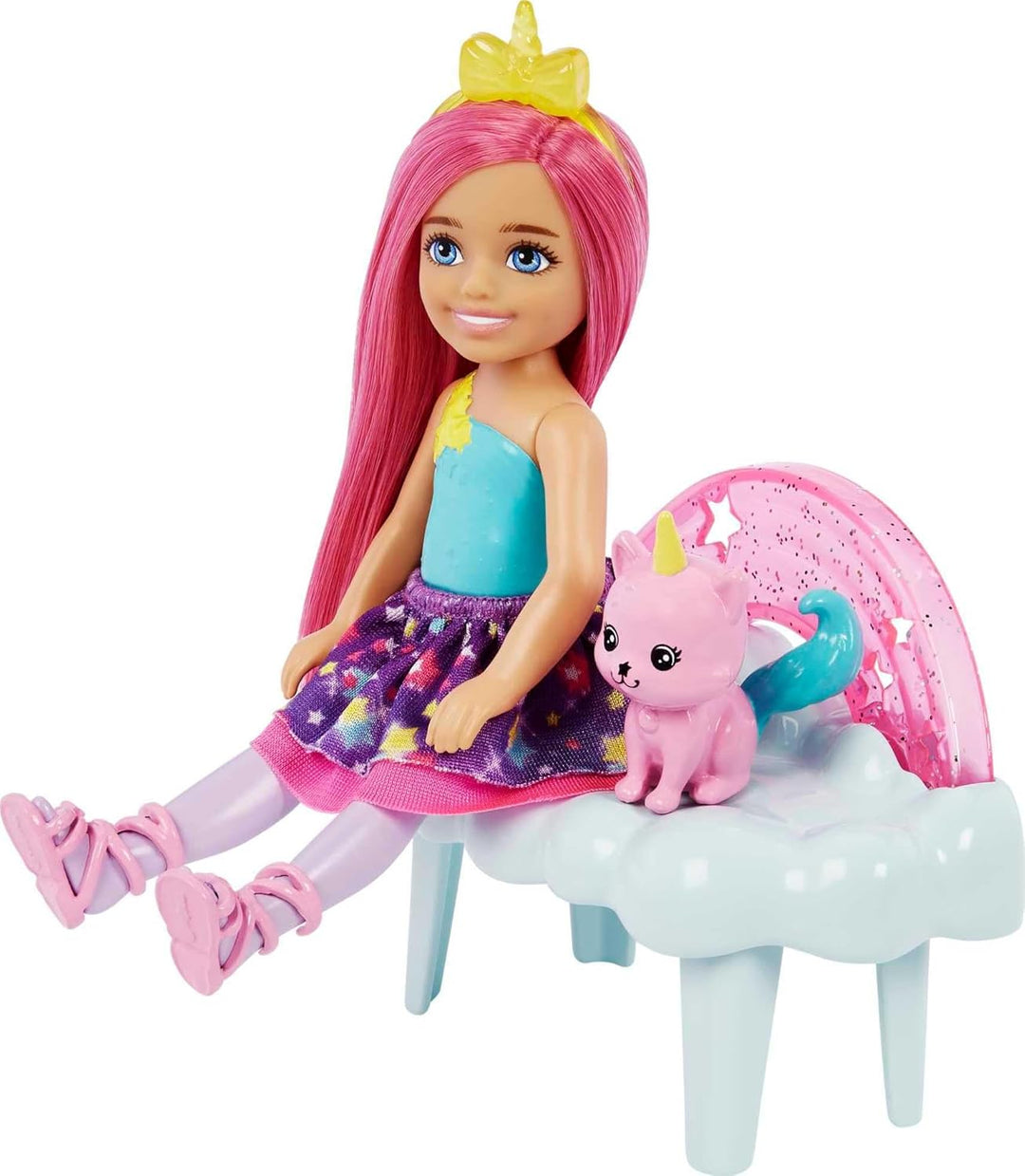 Barbie Dreamtopia, Barbie Chelsea Puppe mit rosa Haaren, gelbe Einhornkrone, rosa Einhornkatze, Wolk