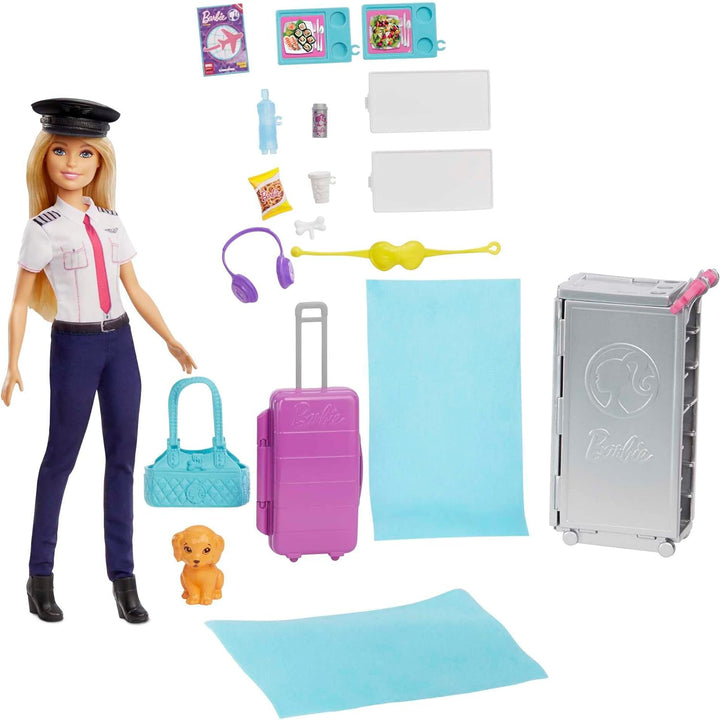 Barbie Flugzeug mit Pilotin Barbie Puppe, mit beweglichen Räder und 15x Barbie Zubehör inkl. Haustie