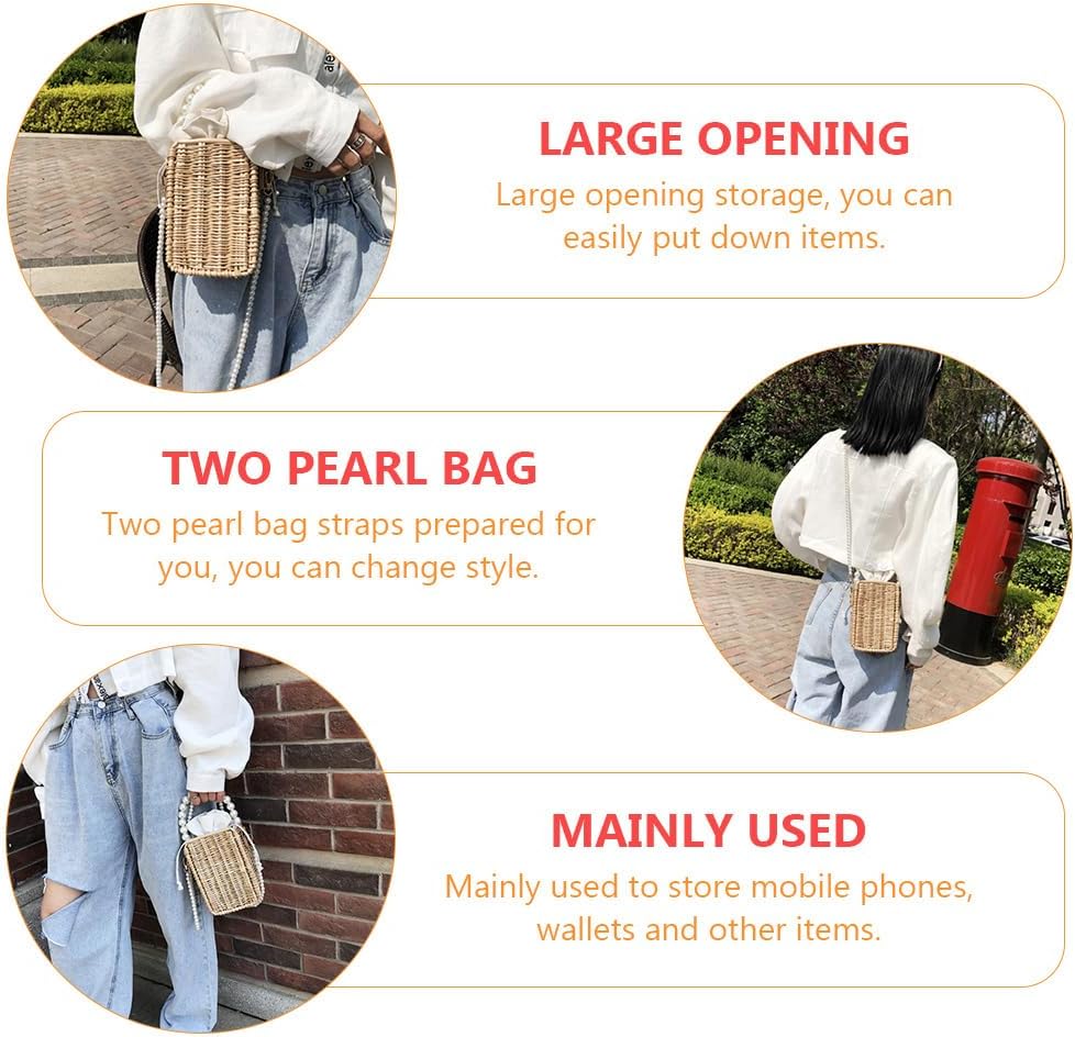 Amosfun Rattan Umhängetaschen Handgemachte Stroh Taschen mit Perlen Perlen Schulter Gurt Und Griff B
