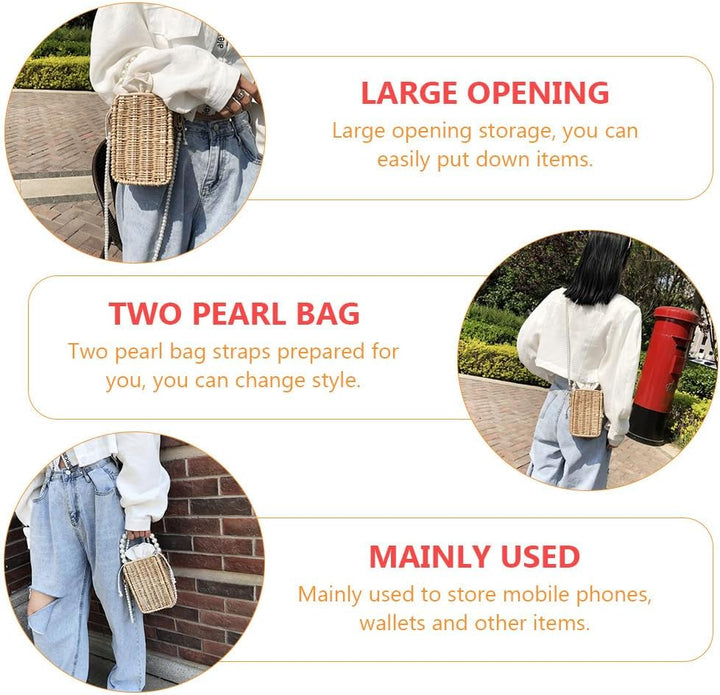 Amosfun Rattan Umhängetaschen Handgemachte Stroh Taschen mit Perlen Perlen Schulter Gurt Und Griff B