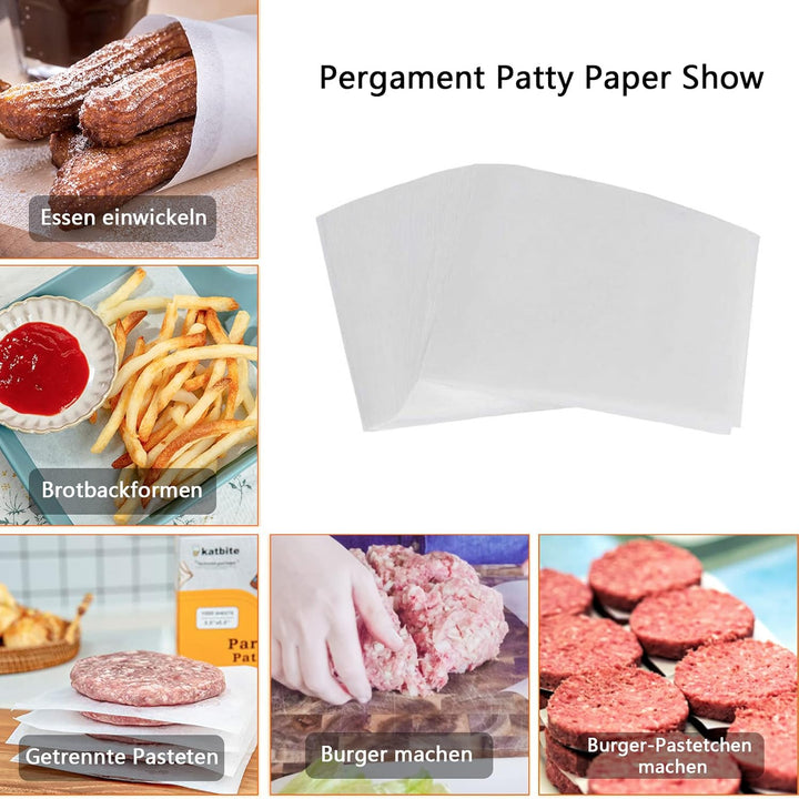 katbite Antihaft Burgerpapier 1000 Stück, 14x14 cm Backpapier für Burgerpresse, Grillzubehör, Trennp