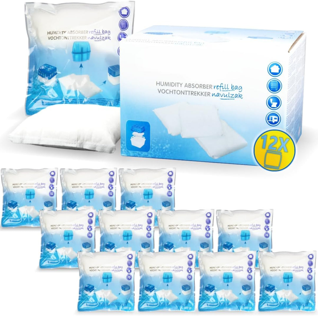 Stimo 12x Luftentfeuchter Nachfüllpack 400g Raumentfeuchter Feuchtigkeits-Stopper Granulat - Beutel