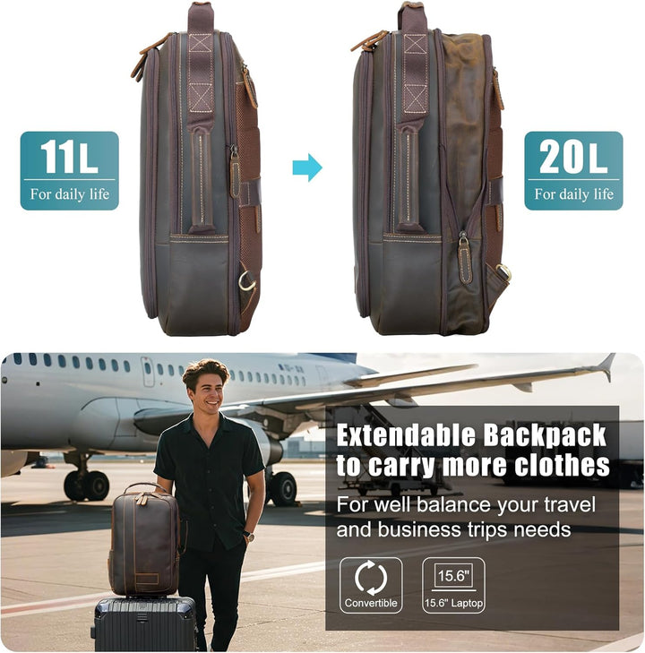 TIDING Laptop Rucksack Herren Leder Schulrucksack für 15.6 Zoll Laptoptasche Erweiterbar Gross Reise