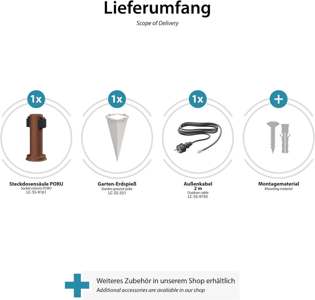 ledscom.de Garten-Steckdosen-Säule PORU mit Erdspiess und 2m Kabel für aussen, 2-Fach, Edelstahl, br
